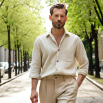 **Prompt 1: Relaxed Spring Elegance in Natural Tones**
    A stylish man in his late 20s to early 30s, walking confidently in a sunlit urban environment. He is wearing a sophisticated, relaxed-fit outfit composed of wide-leg trousers made from light beige linen and a loose, breathable button-up shirt made of organic cotton in a soft, muted mint green. His posture is open and comfortable, emphasizing the freedom of movement. The scene is bright and airy, perhaps with subtle hints of blooming trees or clean city architecture in the background. The focus is on natural textures and comfortable, high-quality materials. Visual style: modern, clean, soft focus on fabric, conveying a sense of calm and effortless style.