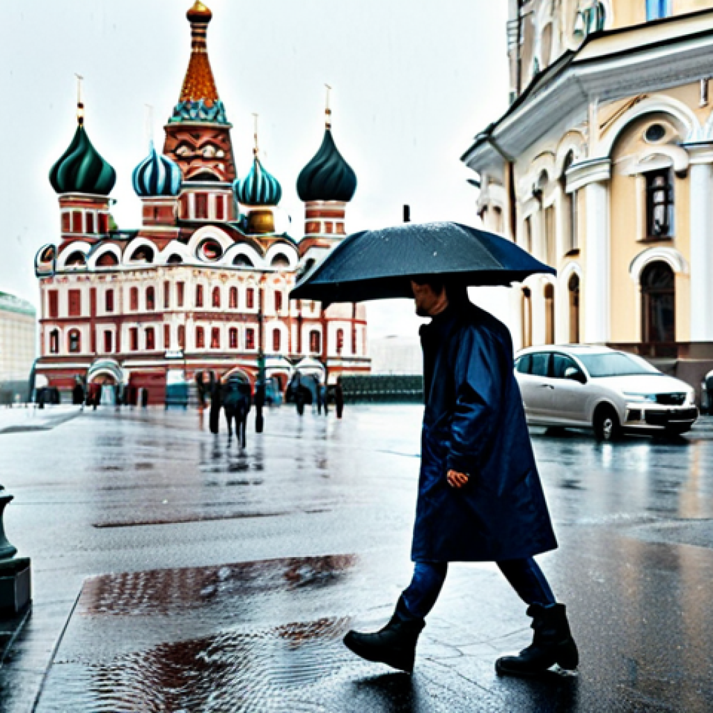 **
A man walking down a rainy street in Moscow. He is wearing a dark blue raincoat (length to the knees), dark jeans, and sturdy boots. He is carrying a black umbrella. The scene is set in the center of Moscow, with iconic architecture visible in the background. It is safe for work, appropriate content, and he is fully clothed. Perfect anatomy, natural proportions, professional photography, high quality. Consider a slightly desaturated, realistic style.
**