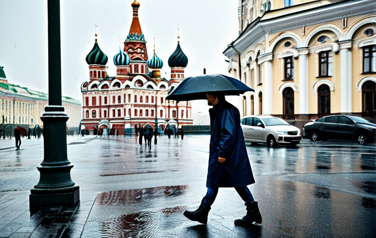 **

A man walking down a rainy street in Moscow. He is wearing a dark blue raincoat (length to the knees), dark jeans, and sturdy boots. He is carrying a black umbrella. The scene is set in the center of Moscow, with iconic architecture visible in the background. It is safe for work, appropriate content, and he is fully clothed. Perfect anatomy, natural proportions, professional photography, high quality. Consider a slightly desaturated, realistic style.

**
