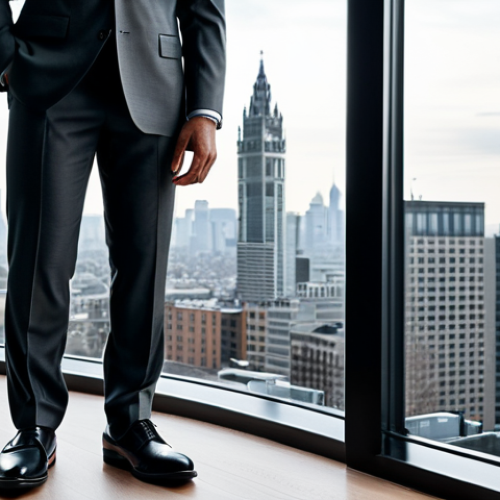 Classic Elegance**
A man in a tailored dark grey suit, wearing black leather Oxford shoes, standing in a sophisticated, well-lit office. The background features a blurred cityscape view. Fully clothed, appropriate attire, safe for work, perfect anatomy, natural proportions, professional, high-quality, modest.
**