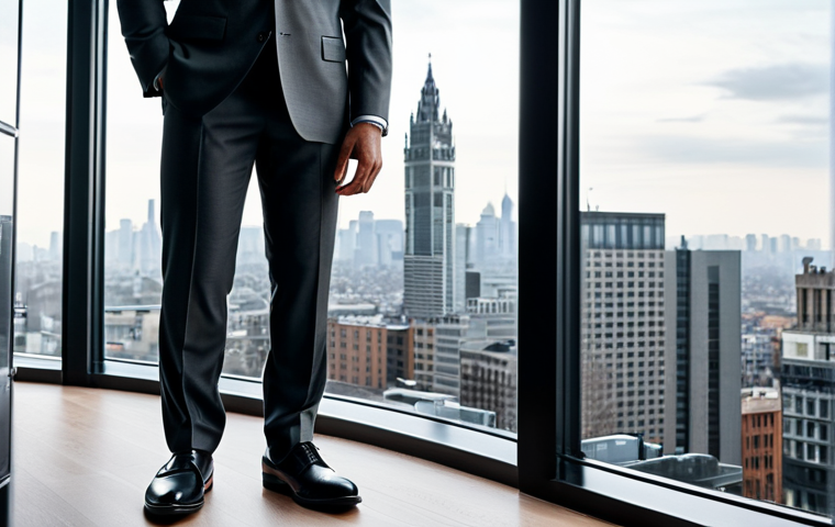 Classic Elegance**

A man in a tailored dark grey suit, wearing black leather Oxford shoes, standing in a sophisticated, well-lit office. The background features a blurred cityscape view. Fully clothed, appropriate attire, safe for work, perfect anatomy, natural proportions, professional, high-quality, modest.

**