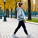 패션 트렌드 분석 - "A stylish woman in comfortable athleisure wear, like yoga pants and an oversized hoodie, walking in...