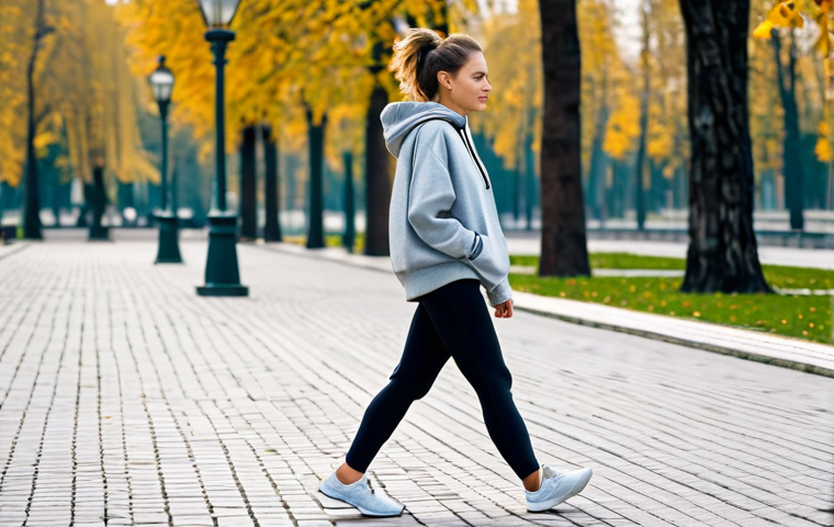 패션 트렌드 분석 - "A stylish woman in comfortable athleisure wear, like yoga pants and an oversized hoodie, walking in...