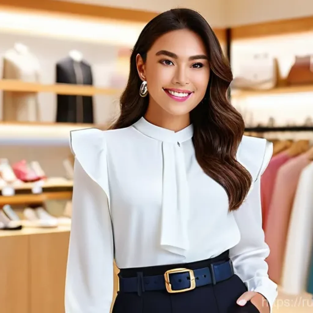 패션과 체형의 관계 - **Prompt:** "A fashionable woman with a 'pear' body type, exuding confidence and elegance, poses in ...