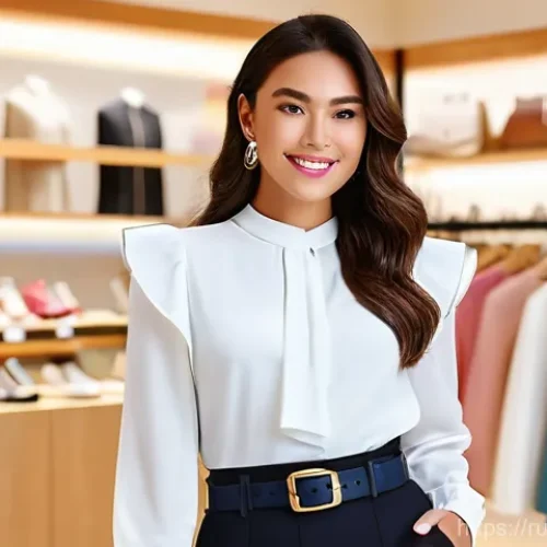 Home 22 패션과 체형의 관계 - **Prompt:** "A fashionable woman with a 'pear' body type, exuding confidence and elegance, poses in ...