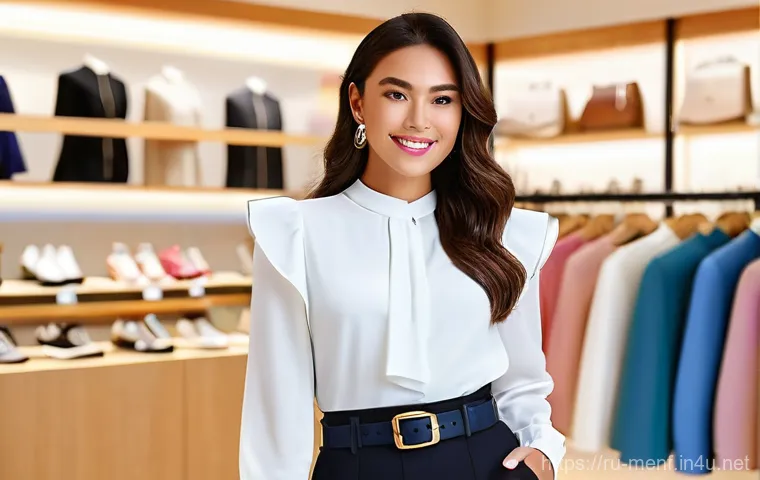 패션과 체형의 관계 - **Prompt:** "A fashionable woman with a 'pear' body type, exuding confidence and elegance, poses in ...