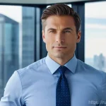 남성 복장의 컬러 심리 - A confident and professional man in his late 30s, dressed in an impeccably tailored dark indigo blue...