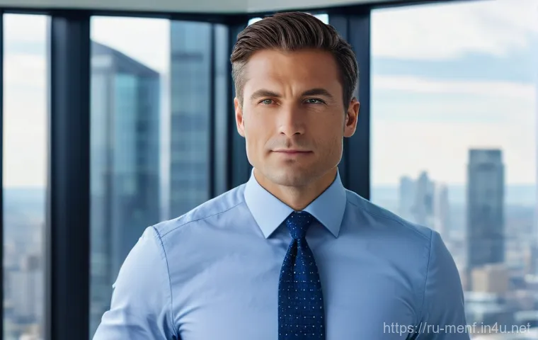 남성 복장의 컬러 심리 - A confident and professional man in his late 30s, dressed in an impeccably tailored dark indigo blue...